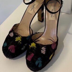 Valentino Black Heels with Multicolor Floral Feathers Design